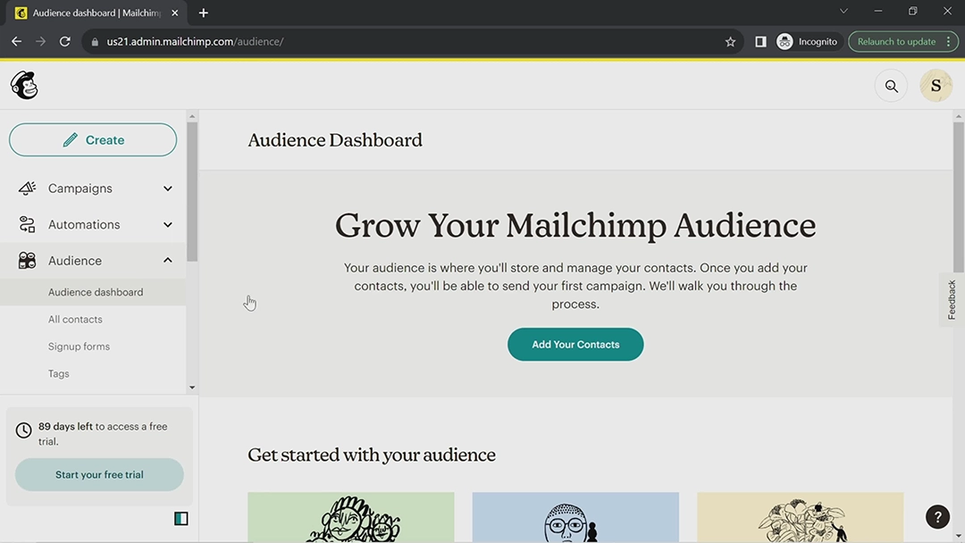 Mailchimp audience dashboard with the Grow Your Mailchimp Audience panel