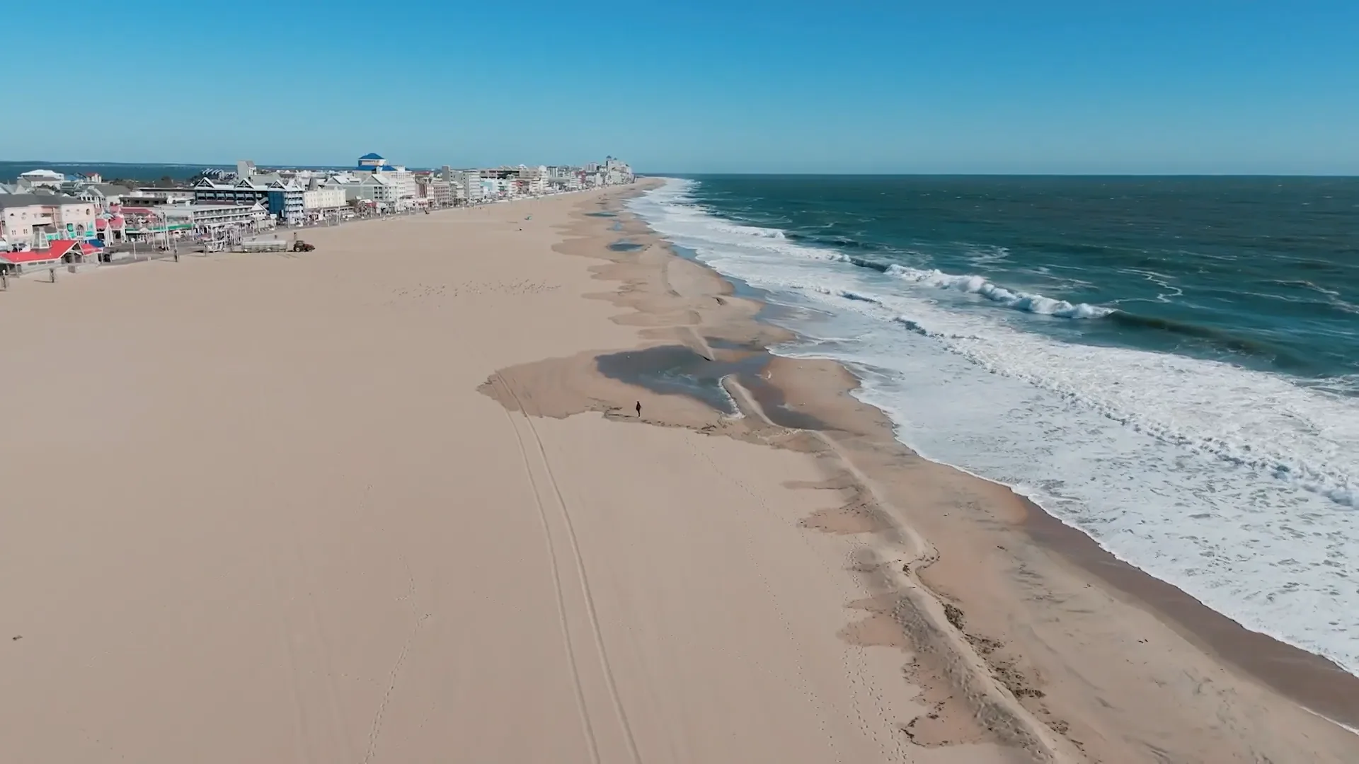 Drone view of the Ocean City beach, shot by Shorecraft