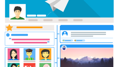 Illustration of social media profile cards and a paper plane