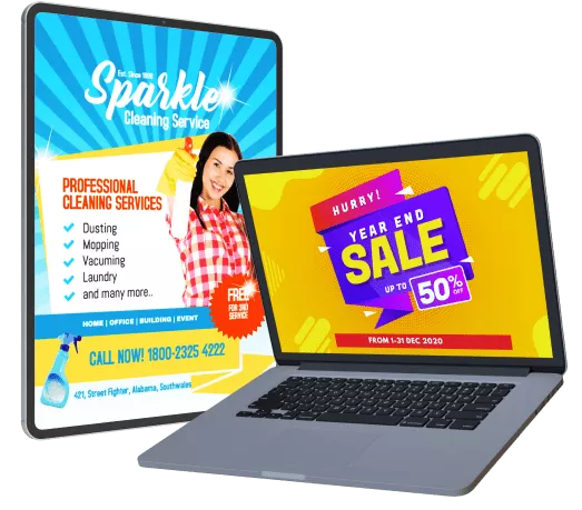 Laptop, tablet and phone displaying sale flyers and promotional graphics