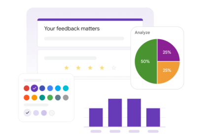 Illustration of a customer feedback dashboard with charts and a pie graph