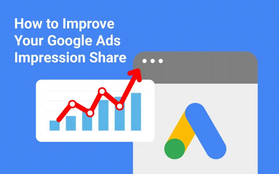 How to improve your Google Ads impression share, with a rising chart and the Google Ads logo
