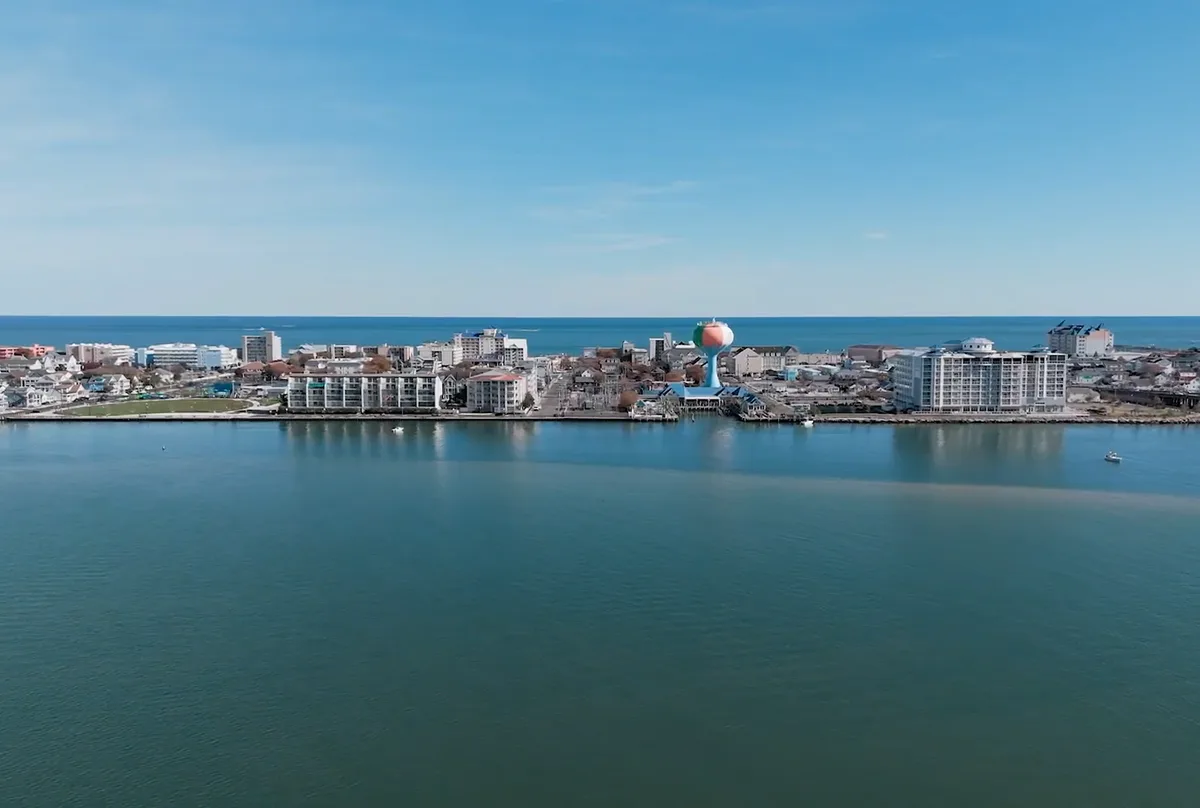 Drone view of Ocean City across the bay, shot by Shorecraft