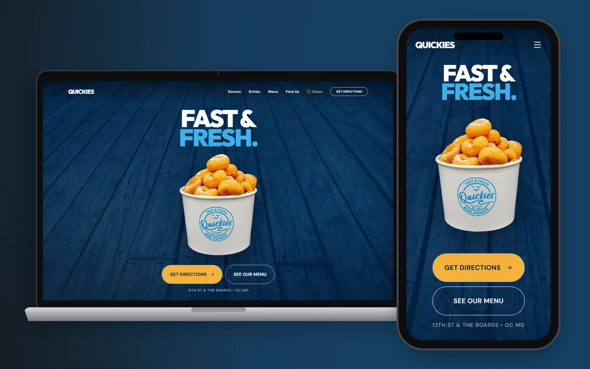 Quickie's Mini Donuts website on a laptop and phone, built by Shorecraft