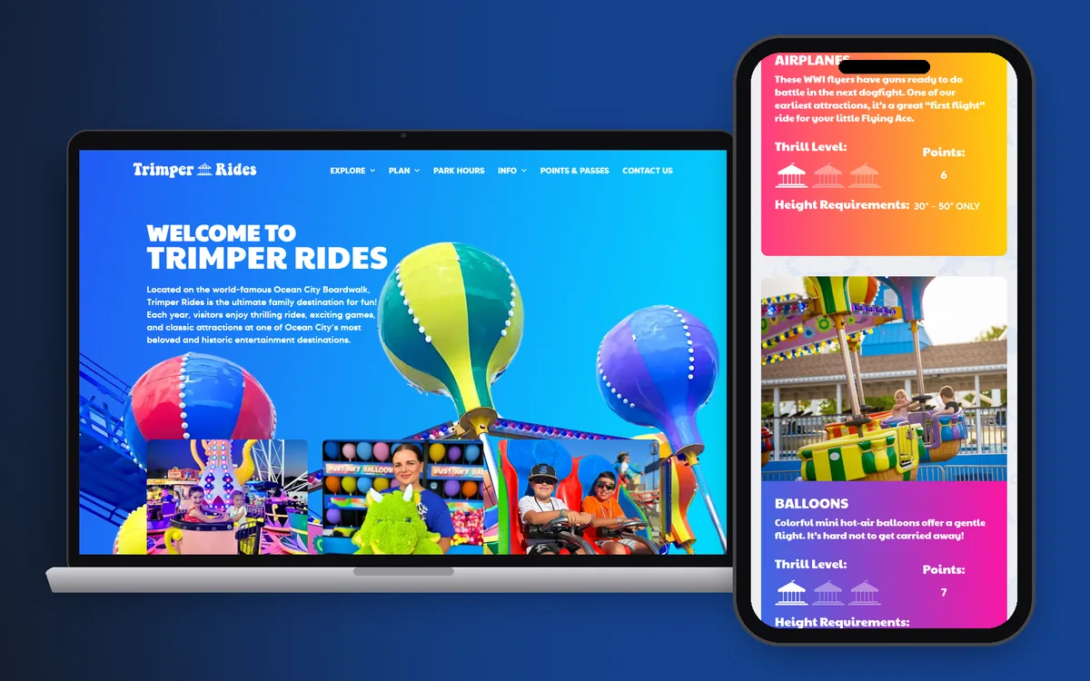 Trimper Rides website on a laptop and phone, built by Shorecraft