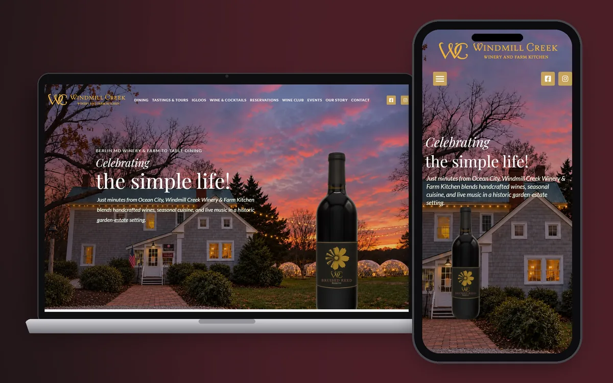 Windmill Creek Vineyard website on a laptop and phone, built by Shorecraft